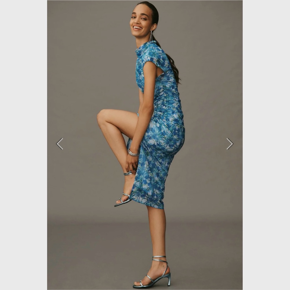 Anthropologie The Maya Ruched Cowl-Neck Dress Mesh Edition Blue Floral Dress - Picture 7 of 16